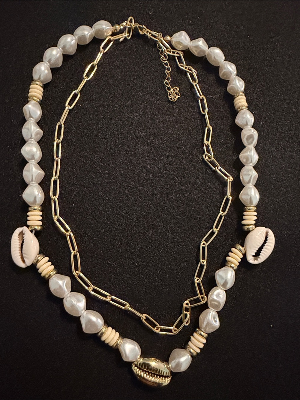 Gold Chain Layered Pearl and Shell Necklace - White/Gold